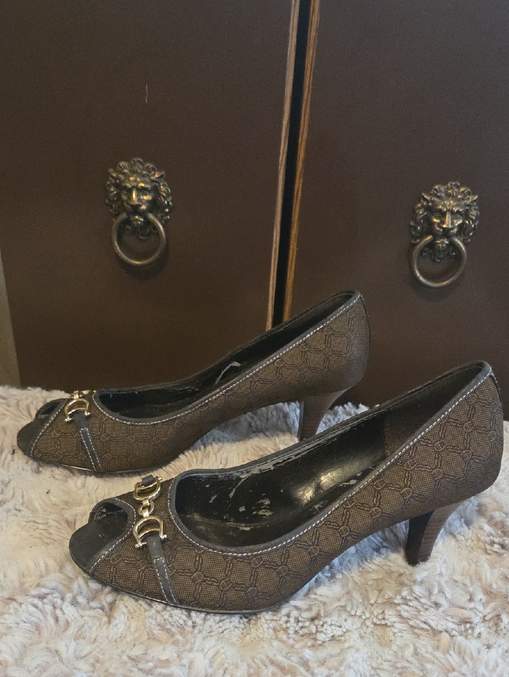 Etienne Aigner Brown Patterned Peep-Toe Heels with Gold Hardware